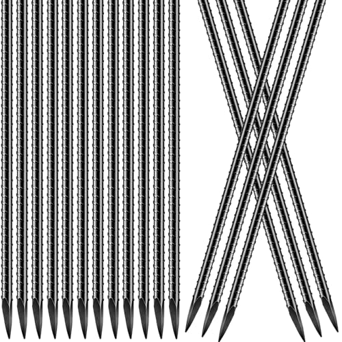 Jetec 12 Pcs 12 Inch Black Ground Rebar Stakes Heavy Duty Ground Anchors Steel Plant Support Garden Stake Long Straight Metal Spikes with Chisel Point End for Garden Concrete Plant Tent - size: 12 Inch