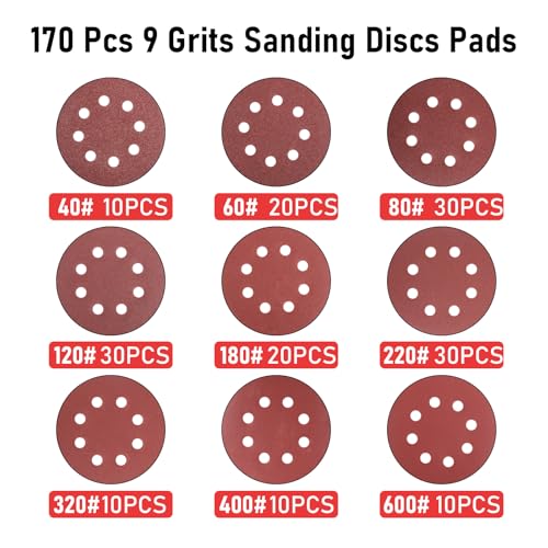 170Pcs 5 Inch Sanding Discs Assorted Grits 40-600, FOKATY Round Hook and Loop Sandpaper Variety Pack for Random Orbital Sander, 8-Hole Dustless for Wood Metal Rust Removal Polishing - style: MIX Girt-170pcs