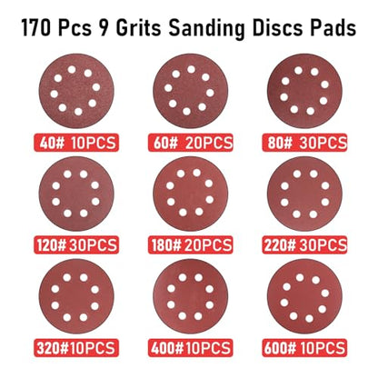 170Pcs 5 Inch Sanding Discs Assorted Grits 40-600, FOKATY Round Hook and Loop Sandpaper Variety Pack for Random Orbital Sander, 8-Hole Dustless for Wood Metal Rust Removal Polishing - style: MIX Girt-170pcs