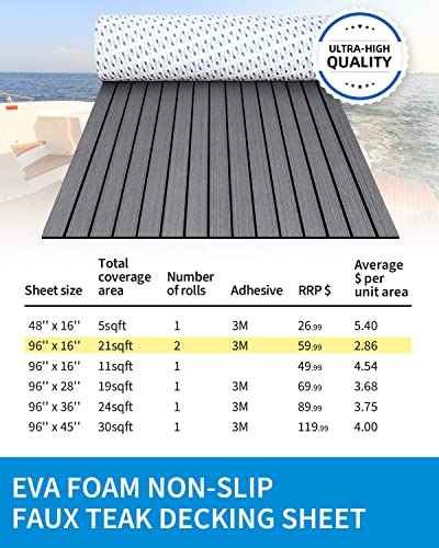 OCEANBROAD Boat Flooring 96''x16.8''/28.8''/36''/45.6'' - color: Dark Gray with Black Seam Lines, size: 96''L x 21.6''W-14.4sqft