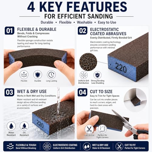 Sanding Sponge, Coarse Medium Fine Grit Sanding Block, Sander Sponges for Drywall Metal, Sandpaper Sponge Sanding Blocks for Wood (4, 220 * 4) - size: 220*4