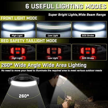 Headlamp Rechargeable,Ultra Bright Upgrade 1500 Lumens 6 Modes Head Lamp Led Rechargeable with Taillight(Individual Control),230°Wide Beam Waterproof Headlamps for Adults Outdoor Camping Running - color: Black