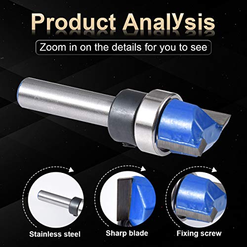 KATUR Top Bearing Flush Trim Pattern Router Bit, Hinge Mortising, Template Router Bit Set, 1/4 Inch Shank with Alloy Blade Carbon Steel (1/4" Shank,1/2" Tooth Width,11.9mm Tooth Depth) - size: 1/4" shank,1/2" width,11.9mm depth