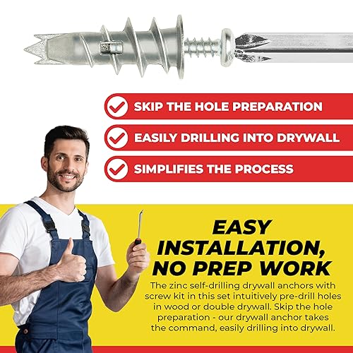 Qualihome Zinc Self Drilling Drywall Anchor Hollow Wall Anchor Kit With Screws - Metal Self Drilling Drywall Anchors With Wide Screw Fins - #8 Zinc Drywall Anchors Heavy Duty (10 Pack) - size: 10 Pack