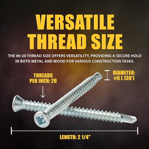 ASMC Industrial - Pro Self-Drilling Screws - Square Drive Trim Head, Zinc-Plated Metal Screw, Low-Carbon Steel, Self-Tapping Sheet for Metal, Wood, Automotive & Fasteners - 6-20 x 2 1/4", Pack of 100