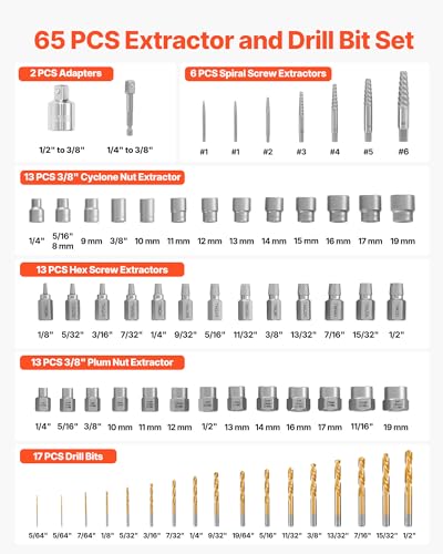 VEVOR Bolt Extractor Kit, 65 Pieces Easy Out Screw Extractor Set, Lug Nut Removal Tool with Left Hand Drill Bit Set for Removing Damaged, Frozen, Broken, Rusted, Rounded-Off Bolts, Nuts & Screws - size: 65 PCS