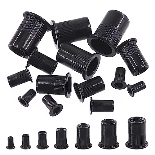 Swpeet 100Pcs Carbon Steel Rivet Nuts Kit, Metric M4 Rivnuts Nut Sert Kits, Black Zinc Plated Carbon Steel Rivet Nut Inserts Nutserts Kit, Flat Head Threaded Insert Nut Assort - size: M4