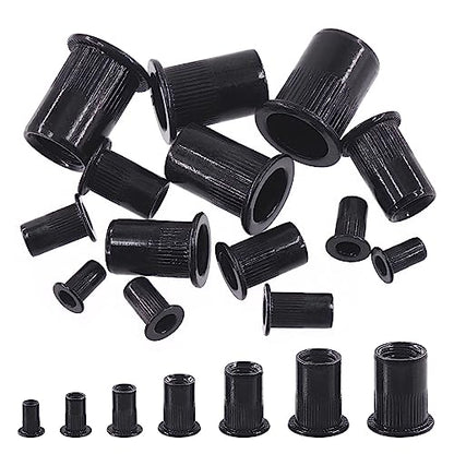 Swpeet 100Pcs Carbon Steel Rivet Nuts Kit, Metric M4 Rivnuts Nut Sert Kits, Black Zinc Plated Carbon Steel Rivet Nut Inserts Nutserts Kit, Flat Head Threaded Insert Nut Assort - size: M4