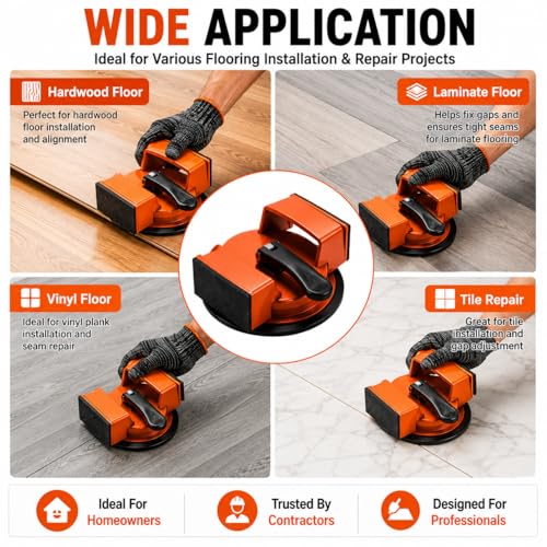 Floor Gap Fixer Tool, Heavy Duty Suction Cup Wood Floor Gap Repair Kit with Rubber Mallet, Non‑Slip Gloves & Adhesive Shims, for Laminate Vinyl LVP Hardwood Flooring Plank Gap Fixing