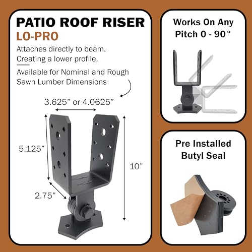 The Official Patio Roof Riser - LO-PRO - Engineered & Code Approved - Made in the USA - Fits Nominal 4X Beams (3.625" Bucket) - Pergola Roof Riser Hardware - size: Nominal (3.625" Bucket)