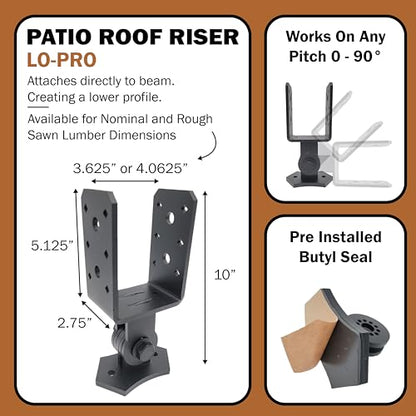 The Official Patio Roof Riser - LO-PRO - Engineered & Code Approved - Made in the USA - Fits Nominal 4X Beams (3.625" Bucket) - Pergola Roof Riser Hardware - size: Nominal (3.625" Bucket)