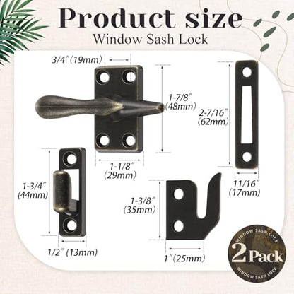 Hicarer 2 Pack Antique Brass Casement Window Lock Latches, 1-7/8 Inch - color: Antique Brass