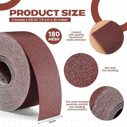 180 Grit Sandpaper Roll 3''x100 ft Long Continuous Emery Cloth Drum Sander Sand Paper Roll for Wood Furniture Finishing Metal Sanding Automotive Polishing, Wet and Dry Sanding, Aluminum Oxide - size: 180 Grit