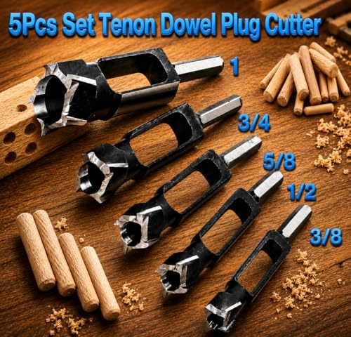 Wood Tenon Dowel Plug Cutter 5Pcs Set Tenon Cutter Plug Maker Woodworking Drill Bit - size: 5pcs set