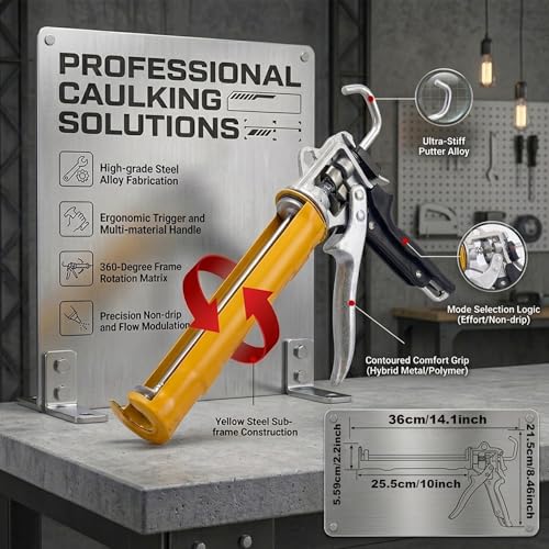 Caulk Gun Kit preventing continuous dripping with dual-mode switch, 10 OZ 360° Rotating Barrel with Scraper and Silicone Sealant for DIY Home Bathroom Renovation & Handyman