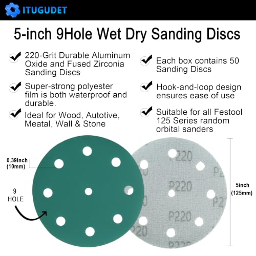 5 Inch 9 Hole Wet Dry P220 Grit Sanding Discs - 50 Pack Box - size: 220 Grit