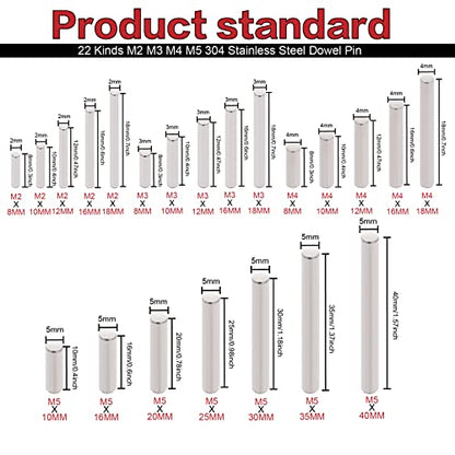 220Pcs 304SS Dowel Pin Assortment Kit M2-M5 Shelf Support Pins - size: M2/M3/M4/M5