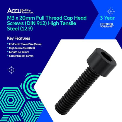 Accu - M3 x 20mm Full Thread Cap Head Screws (DIN 912) - High Tensile Steel (12.9) (Pack of 50) - color: High Tensile Steel (12.9), size: M3 x 20mm