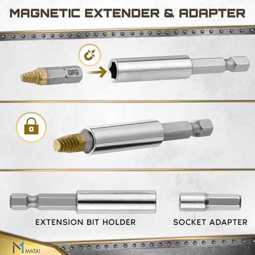 Titanium Screw Extractor Set for Stripped, Broken, Damaged Screws - 22 pc, Silver & Gold - Remover Kit with Drill Bits, Extractors, Bit Extension & Socket Adapter