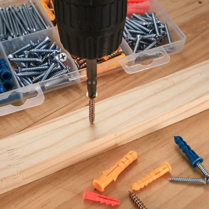 360 Pcs Wall Plugs and Screws Set, Drywall Anchors Screws and Nails Assortment Kit, Flat Head Self Tapping Screws, Plastic Expansion Plugs, Wood Screws Nails for Home DIY Repair Mounting