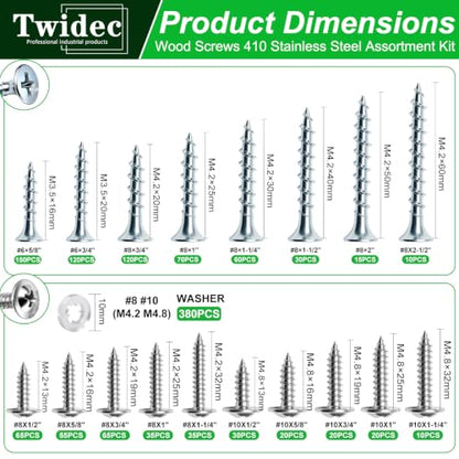 Twidec/1310PCS Silver Wood Screws #8#10 Phillips Truss Head＆Drywall Screws - color: Silver