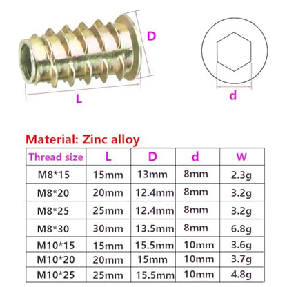 Qrity 20 Pcs Threaded Inserts, Threaded Inserts for Wood M8x15mm, Zinc Alloy Threaded Insert Nuts, Interface Hex Socket Drive - size: M8 x 15mm