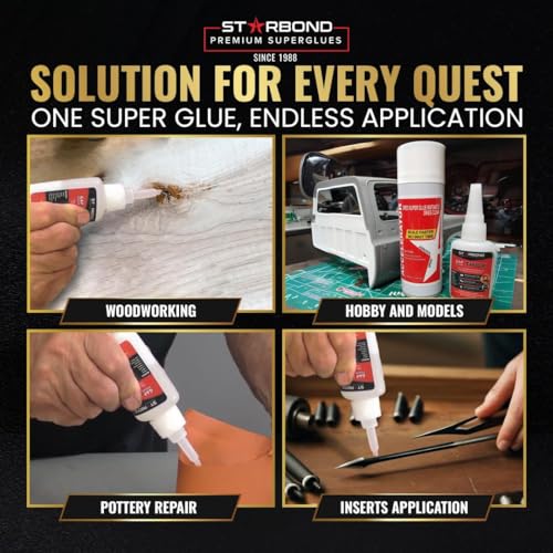 Starbond 2 oz Thick CA Glue with 6 oz Aerosol Activator Bundle Premium Cyanoacrylate Super Glue for Mitre Joint Bonding, Woodworking, Carpentry, Archery Fletching - size: 2 ounce + 6 ounce