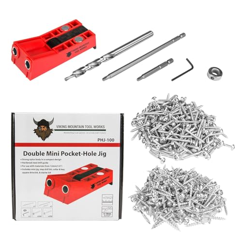 Viking Mountain Tool Works Pocket Hole Jig kit with Builders 500 pack of pocket hole screws for 3/4 hard and soft wood. Build tables, shelves, cabinets, furniture, and more!