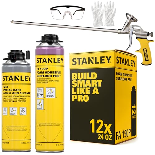Stanley FA190P Subfloor Adhesive Kit (12x24 Oz) – Polyurethane Expanding Foam Construction Adhesive with Strong Bonding for Wood, Concrete, Metal – High Coverage | 24in Gun&Cleaner Included | 12 Pack - size: 24 in Gun Set, style: 12 Pack