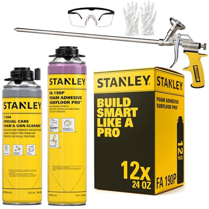 Stanley FA190P Subfloor Adhesive Kit (12x24 Oz) – Polyurethane Expanding Foam Construction Adhesive with Strong Bonding for Wood, Concrete, Metal – High Coverage | 24in Gun&Cleaner Included | 12 Pack - size: 24 in Gun Set, style: 12 Pack