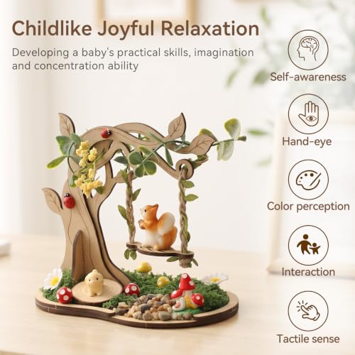 Wooden Mini Fairy Garden Tree Swing Diorama Kit - DIY Tabletop Ornament