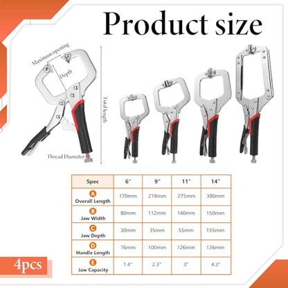 4 Pcs 6/9/11/14inch C Clamp Locking Pliers Vise Grip Clamps Heavy Duty Vise Grip Welding Clamp With Swivel Pads for Woodworking, Welding, Building,Home,Metalworking,Auto Repair - size: 6/9/11 Inch,Set of 4