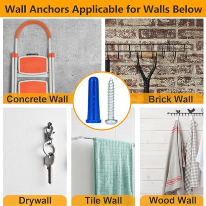 KURUI #10-12 Wall Anchors and Screws Kit, 220PCs Drywall Anchors for Drywall Brick Masonry Stucco Concrete, 110 Plastic Concrete Anchors and 110 Wood Screws, Drywall Anchors for Picture, Curtain Rod