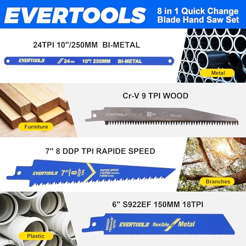 8-in-1 Multi-Blade Hand Saw, Small Hacksaw, Long Handsaws, Jab Saw, Mini Blade Quick-Change Mechanism for Cutting Drywall, Sheetrock, Wood, Metal, Plastic and Plywood.