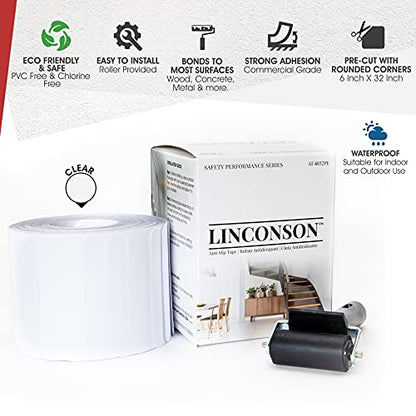 linconson | 6” x 32” | Clear Slip Resistant Stairs Tread Grip Tape (15 Pack) Anti Slip Strips-PVC Free | Easy Install Roller Included - size: 6 Inch x 32 Inch