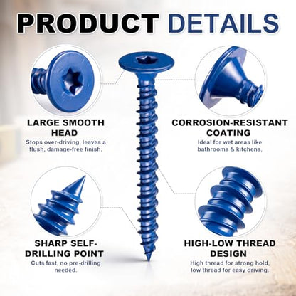 Blulu 1000 Pack 1-5/8 Inch Fasteners for Wood Studs, Backer Board Screws, Blue Ceramic Coated Thread Wood Screws for Cement, Tile Board, Shower & Bathroom Remodel, Reduced Splitting