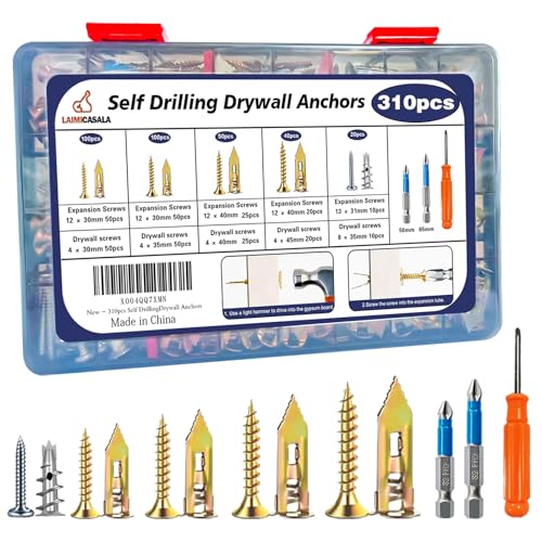 310PCS Self Drilling Drywall Anchors with Screws Kit, Wall Anchors for Drywall, 5-Sizes Metal Expansion Bolt for Dry Wall,155 PCS Sheetrock Anchors and 155 PCS Screws-No Drill Needed