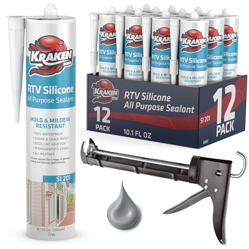 Kraken Bond Gray Silicone Sealant Waterproof% 100-10 fl oz Cartridge - RTV Silicone Caulk Kitchen and Bathroom, All Purpose, Window Caulking Sealant Outdoor, Exterior Use Silicon, Gun Incl - 12 Pack - size: RTV Silicone Gray + Gun