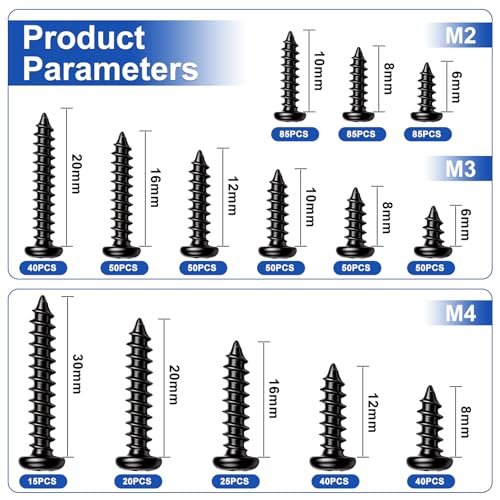 Taiss 685PCS M2 M3 M4 Phillips Pan Head Self Tapping Wood Screws Assortment Kit,14 Sizes Self Tapping Screws for Plastic,Cross Recessed Carbon Steel Black Screws for Wood,Plastic - size: 685PCS