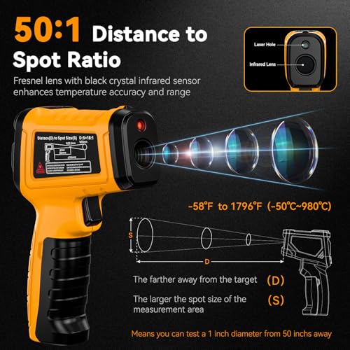 Infrared Thermometer Gun -58°F to 1796°F, 50:1 Temperature - color: Yellow