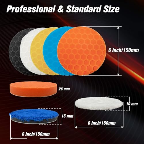 Buffing Polishing Pads 6 Inch - 7Pcs 150mm Face for 6 Inch 150mm Backing Plate, Car Compound Buffing Sponge Pads and Woolen Cutting Polish Pad Kit for Car Polishing and Waxing