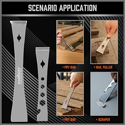 HORUSDY 2-Piece Pry Bar Scraper Set, Stainless Steel Flat Pry Bars with Hex Screwdriver Function, 6-11/16” & 9-1/2” Multi-Purpose Nail Puller, Trim, Demolition & Repair Tools