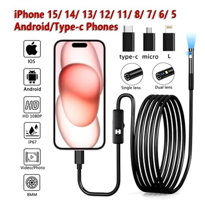 Endoscope Camera with 8LED Light, Dual Lens 1080P HD Inspection Camera - size: 6.5FT/2M