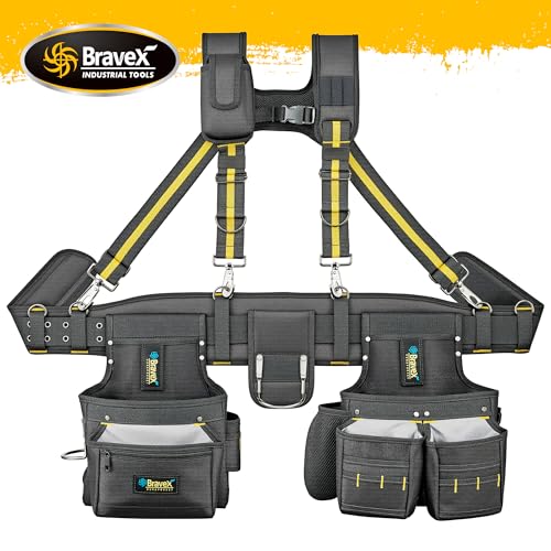 Bravex Tool Belt Suspenders, Tool Vest Pro Ultra 20 Bags H-Style Toolbelt 5 Combo Apron Tool Pouch For Framers Carpenter Electrician 1200D Ballistic Nylon