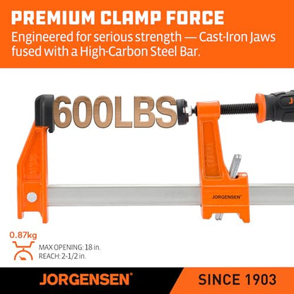 Jorgensen 18" Medium-Duty Steel Bar Clamp Set, 600 lbs Load Limit, 2-Pack - size: 18 Inch Medium Duty