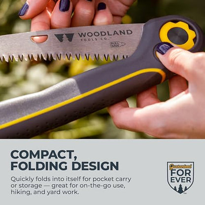 Woodland Tools Duralight Folding Saw – Curved Pruning Saw with Hardened Steel Blade, 3-Position Lock, Soft Grip Handle – Manual Tool for Tree Trimming, Branch Cutting, and Yard Work - style: Compact Duralight Folding Saw