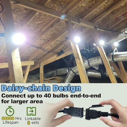 Owleye 50FT Led Work Light 85W 8000LM Waterproof Construction String Lights Linkable Temporary Work Lighting Outdoor Indoor Worklight (5 Light Heads) - size: 50 Ft, 1 pack