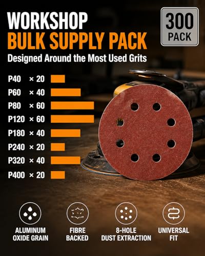 300PCS 5" Hook & Loop Sanding Discs, 8 Hole, P40-P400 Assorted