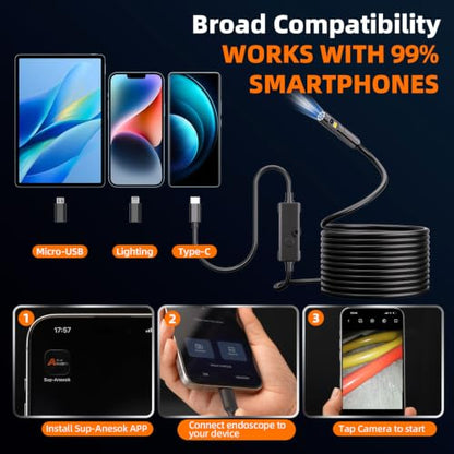 Endoscope Camera with Light for Android & iPhone, 1920P HD Borescope