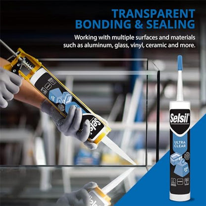 SELSIL Ultra Crystal Clear Mounting Adhesive & Sealant - Indoor & Outdoor Construction Adhesive, 100% Transparent Bonding and Sealing, Waterproof (9.8 fl oz/290 ml)